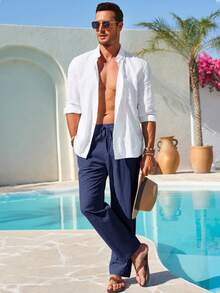 Mens Linen Cotton Casual Pants Elastic Waist Drawstring Lightweight Pants Loose Fit Summer Beach Yoga Trousers - 藏青色 - 查看 4