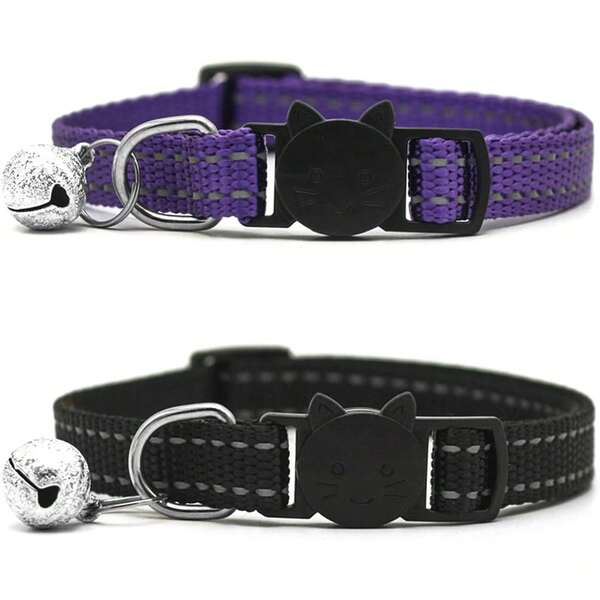 HUIMALL 2 Pack Collar With Bell, Reflective Collars Adjustable Pet Kitten Necklace Purple Breakaway Nylon Strap Fit All Domestic Cats And Small Pets Black+Purple