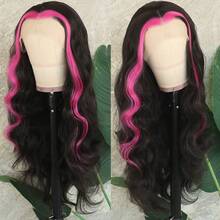 13X4 Free Part Black Green Highlights Body Wave Lace Front Wigs Pre Plucked Soft Long Wavy Hair Wigs Heat Resistant Wave Wigs Glueless Christmas Wig Long Wavy Synthetic Lace Front Wigs For Women Perfect For Daily Wear & Parties - 挑染粉色 - 查看 3