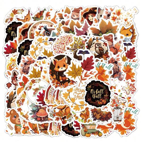 61 Autumn Maple Leaf Stickers, Cartoon Animal Maple Leaf Stickers, And Package Closure Labels. Suitable For Parties, Scrapbooks, Gifts, Diaries, Laptops, Skateboards, Bottles, Phones, And Christmas Student Gifts.