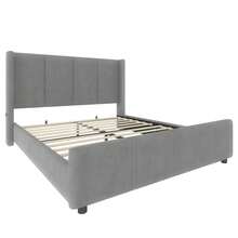 Modern Upholstered Bed Frame 140x200cm: Tall Headboard & Footboard With Certified USB Port, Iron And Wood Construction, Grey - Dark Gray + Velvet + 140x200cm - View 8