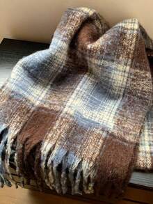 1pc Men's And Women's Autumn/Winter Korean Blue Plaid Warm Scarf, High-End Mohair Plaid Fringe Scarf Shawl, Versatile Warm Couple Scarf, Suitable For Daily Use