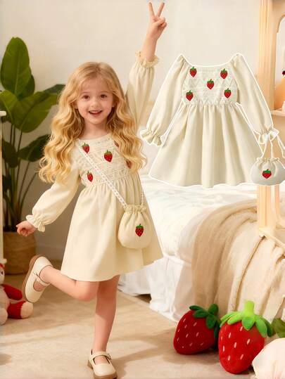 Girls Autumn/Winter Dress With 3D Strawberry Decor, Soft Fabric, Suitable For 4-7 Years Old, Casual Style Long Sleeve Girls Dress