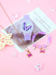 Juego de 3 piezas de relojes de mariposa para niñas - Reloj de cuarzo LED con luz brillante, correa de silicona suave, pulsera con cuentas y collar, regalo de cumpleaños, Navidad y vuelta al colegio para niñas de 3 a 14 años, color morado