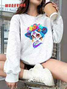 WOOAVIVA Plus Size Spring, Autumn and Winter Y2K Cleanfit Casual Fitted Sugar Skull Floral Print Hoodie Casual Round Neck long Sleeve Women Hoodie, Suitable For Spring, Autumn and Winter seasons, Women Tops - Gris Claro - Ver 1