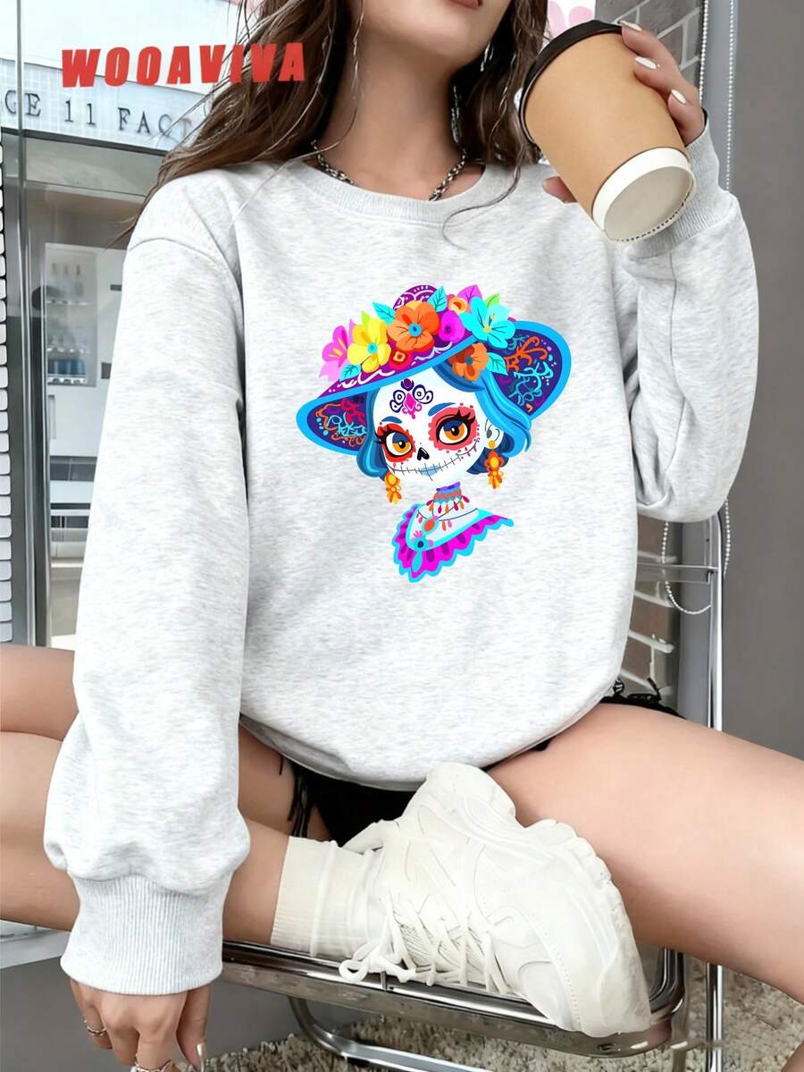 WOOAVIVA Plus Size Spring, Autumn and Winter Y2K Cleanfit Casual Fitted Sugar Skull Floral Print Hoodie Casual Round Neck long Sleeve Women Hoodie, Suitable For Spring, Autumn and Winter seasons, Women Tops - Gris Claro - Ver 1