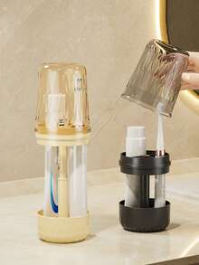 Multi-Function Plastic Toothbrush And Rinse Cup Holder Set - Freestanding, Non-Electric, Dust-Proof Bathroom Storage Rack With Adjustable Holder And Inverted Cup Design, Suitable For Home And Dorm Use