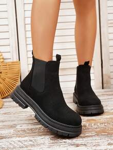 Women's Fashion New Solid Color Thick Sole Non-Slip Slip-On Ankle Boots, For Autumn/Winter - Black - View 3