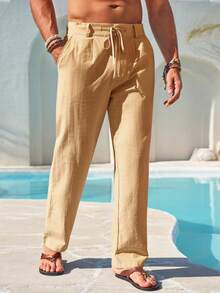 Mens Linen Cotton Casual Pants Elastic Waist Drawstring Lightweight Pants Loose Fit Summer Beach Yoga Trousers - 卡其色 - 查看 2
