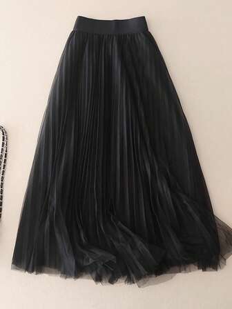 LuminousWealth Women's Elegant Pleated Mesh A-Line Skirt, Suitable For Casual Or Office Wear, Minimalist & Graceful | Polyester Mesh Skirt, Suitable For All Seasons, Great For Christmas & New Year