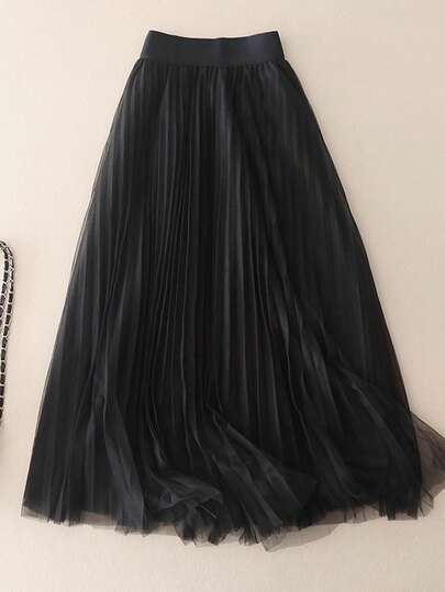 LuminousWealth Women's Elegant Pleated Mesh A-Line Skirt, Suitable For Casual Or Office Wear, Minimalist & Graceful | Polyester Mesh Skirt, Suitable For All Seasons, Great For Christmas & New Year