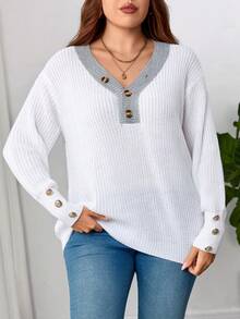 Plus Size Solid V-Neck Casual Long Sleeve Pullover Sweater White - White - View 4