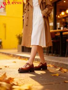 Women's Round Head Thick Bottom Chunky Heel Single Shoes T Buckle Strap Mary Jane Women's Shoes - 棕色 - 查看 2