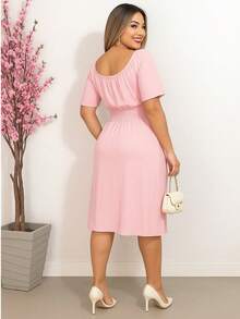 Elegance Midi Dress With Ruched Neckline And Flare Sleeves - 淺粉色 - 查看 2