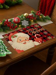 4 Pcs Red Grid Background Santa Claus Pattern Kitchen Floor Mat, Merry Christmas Printing Soft Anti-Slip Mat, Machine Washable, Kitchen And Living Room Laundry Floor Mat, Home Christmas Decoration - Red - View 5