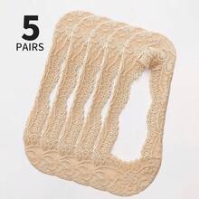 5 Pairs Of Fashionable Deep Boat Socks Water Drop Flower Lace Non-Slip Invisible Socks Anti-Falling Heel Lightweight Socks Invisible Heel Boat Socks Flower Sole Printing Korean Ins - Multicolor - View 11