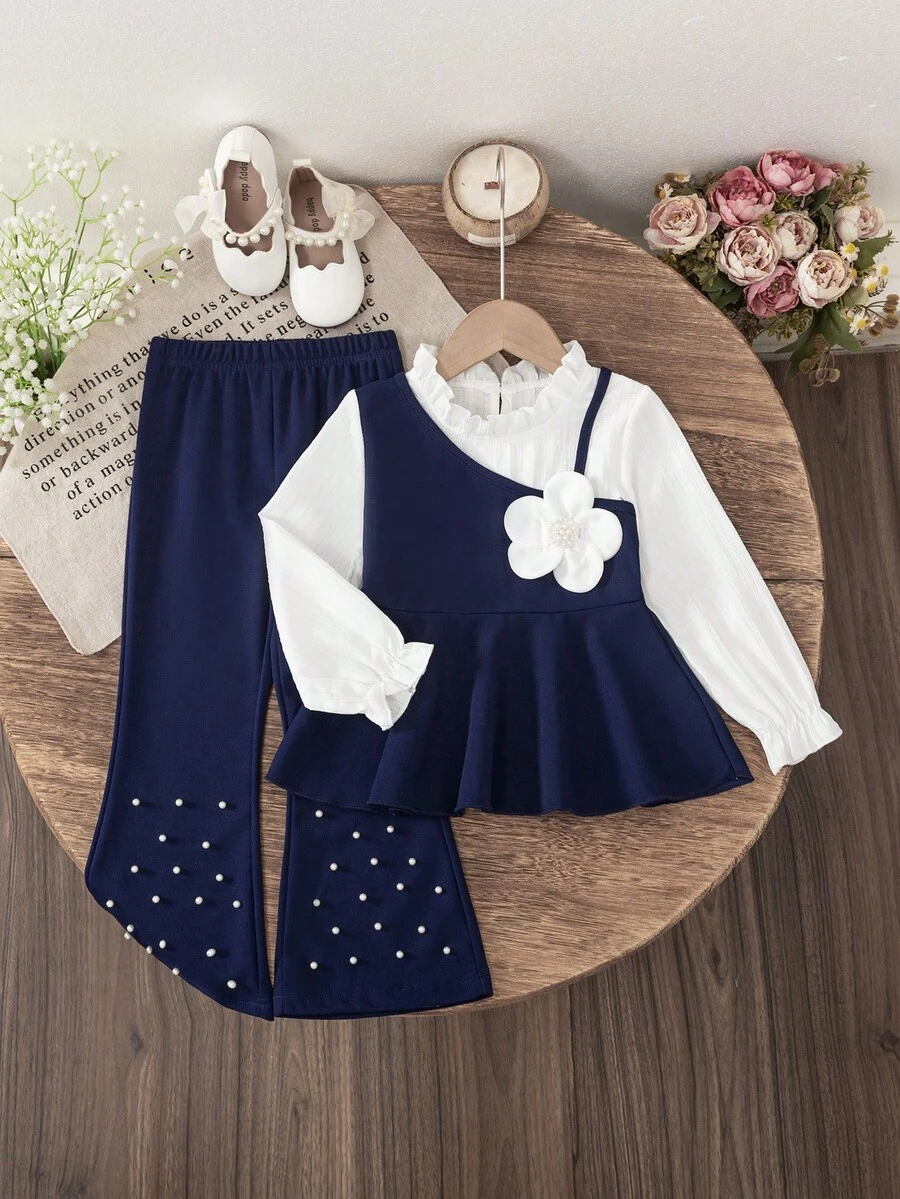 2pcs/Set Young Girl Fashion Casual 2 In 1 Contrast Color Long Sleeve Ruffle Tie Collar Floral Applique Top And Solid Color Elastic Waist Beaded Bell-Bottom Pants Set, Suitable For Daily, Home, Outdoor Wear, Spring/Autumn - Blue and White - View 1