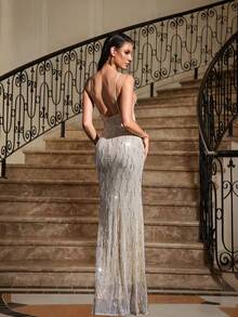 Women's High-Quality Elegant Solid Color Tassel Sequin Dress, Fashionable Minimalist Spaghetti Strap Backless Mermaid Hem Fitted Long Dress, Suitable For Banquet, Party, Festival, Evening, Wedding Guest, Autumn