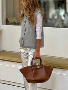 Maglietta senza maniche con scollo a ciurlo in maglia di per donna, elegante top in maglia con bottoni dorati, leggero e confortevole, nuova collezione primavera/estate 2026, adatto per casual, quotidiano, appuntamenti, casa, ufficio, feste, vacanze, shopping, ecc. / Spiaggia primavera/estate / Giacca primavera/estate / Top stile Y2K / Stile di strada / Stile punk - Grigio - Visualizzare 4