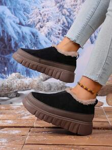 1 par de botas de moda para mujer, nuevo estilo deslizante para el invierno, conveniente de usar, botas de nieve de bloques de color, resistentes al frío, antideslizantes, de caña baja, con suela moldeada de PU