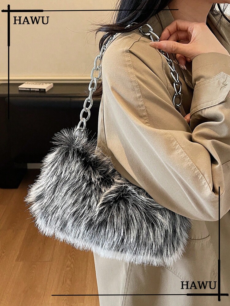 纯色毛绒软糖链条斜挎包，Y2K风格女士单肩包可爱吊坠手拿包派对礼服配饰随机图案毛绒钱包万圣节钱包，完美适用于各种派对、万圣节时尚和哥特时尚 - 灰色 - 查看 6