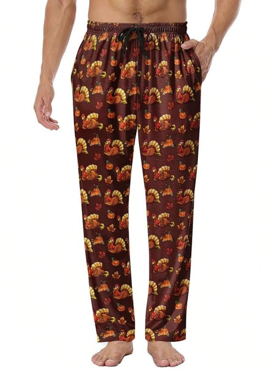 Mens Pajama Pants, Soft Lounge Sleep Pants With Pockets Lightweight Long Pajama Bottoms For Menhalloween - 感恩節火雞 - 查看 1