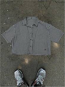 Men's Plaid Shirts Gingham Short Sleeve Button Down Crop Tee Topshalloween - Đã kiểm tra màu xanh - Xem 5