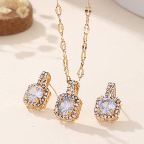 1 Set Of 3pcs Fashionable Elegant Luxury Cubic Zirconia Detailed Geometric Earrings & Necklace Jewelry Set, Suitable For Daily Occasions, Valentine's Day, Mother's Day Gifts, And Gifts For Family And Friends