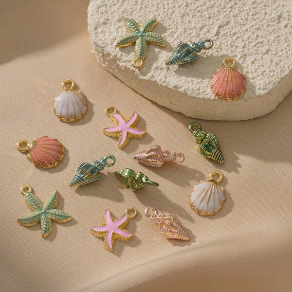 10/14 pièces Set de fabrication de bijoux avec coquillages et étoiles de mer de dessin animé, pendentifs, porte-clés et accessoires de bracelet en alliage