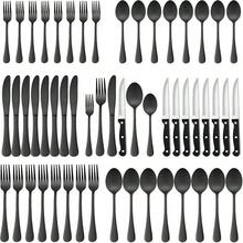 - Juego de cubiertos negros de 48 piezas - Utensilios de cubiertos de acero inoxidable con cuchillo para carne - Cubiertos de plata pulidos con espejo con cuchara/tenedor para comer - Negro Plata 48 - Ver 2