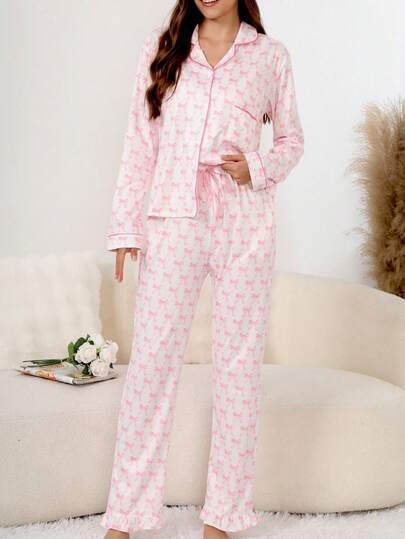 2pcs Butterfly Print Pajama Set For Women, Ruffle Trim Long Sleeve Top And Long Pants