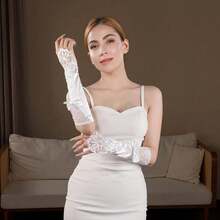 1 双欧美新娘婚礼派对亮片、仿珍珠、蕾丝蝴蝶结缎面长臂手套 - 米色 - 查看 3