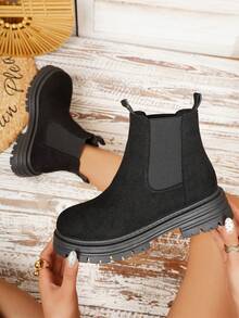 Women's Fashion New Solid Color Thick Sole Non-Slip Slip-On Ankle Boots, For Autumn/Winter - Black - View 6