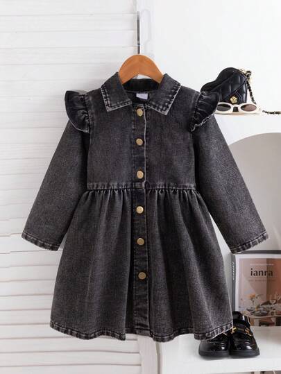 Young Girl Elegant Stylish Cap Sleeve Single-Breasted Long Sleeve Dress, Suitable For Daily, Outdoor, Vacation, Commute, Spring/Autumn