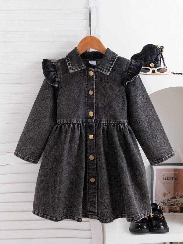 Young Girl Elegant Stylish Cap Sleeve Single-Breasted Long Sleeve Dress, Suitable For Daily, Outdoor, Vacation, Commute, Spring/Autumn