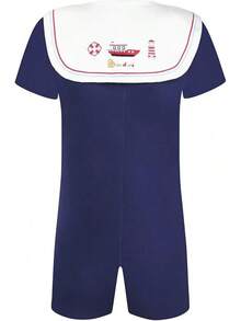 Men's Cotton  Sailor Collar Bodysuit Short Sleeve Print Romper Pajama - Captainhalloween - 藏蓝色 - 查看 5