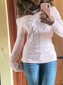 Off-Shoulder Long Sleeve Pullover Sweater For Women, Autumn/Winter, Y2K Gothic Style, Sexy Black Exposed Shoulder Top, Versatile Pink Super Soft Casual Knit Sweater, Country Music Festival, Music Festival - 粉色 - 查看 5