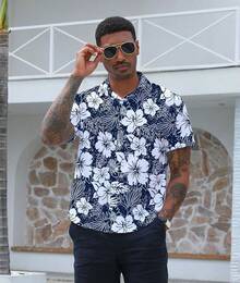 Hawaiian Shirt For Men Summer Casual Beach Button Down Short Sleeve Printed Tropical Vacation Shirtshalloween - Blue Flower - View 5