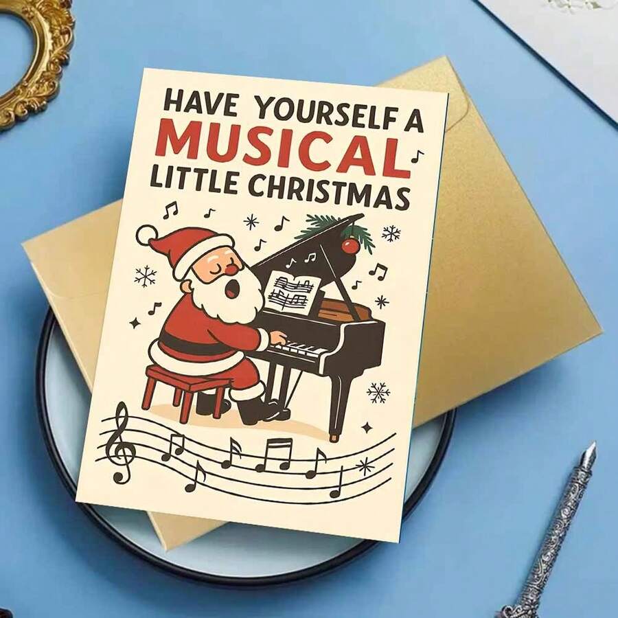 1 pezzo Biglietto di auguri musicale natalizio, Babbo Natale che suona il piano - Regalo natalizio, adatto agli amanti della musica, Natale, design rosso e bianco, include busta rossa e messaggio "Buon Natale", perfetto per celebrazioni natalizie, Biglietto di Natale | Tema musicale | Illustrazione dettagliata, Biglietto di Natale