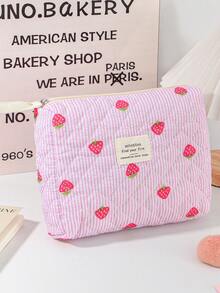 Strawberry Pattern Cosmetic Bag Large Capacity Make Up Bag Fashionable Strawberry Striped Makeup Bag Cute Quilted Floral Cosmetic Pouch Toiletry Bag - Multicolor - View 15