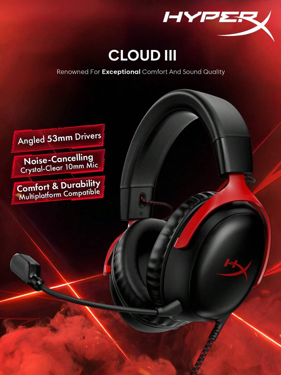 HyperX Cloud III 有线游戏耳机，超清晰 10mm 麦克风，带降噪功能，53mm 倾斜驱动单元，DTS 记忆海绵，耐用铝合金框架，适用于 PC 和移动设备的游戏耳机