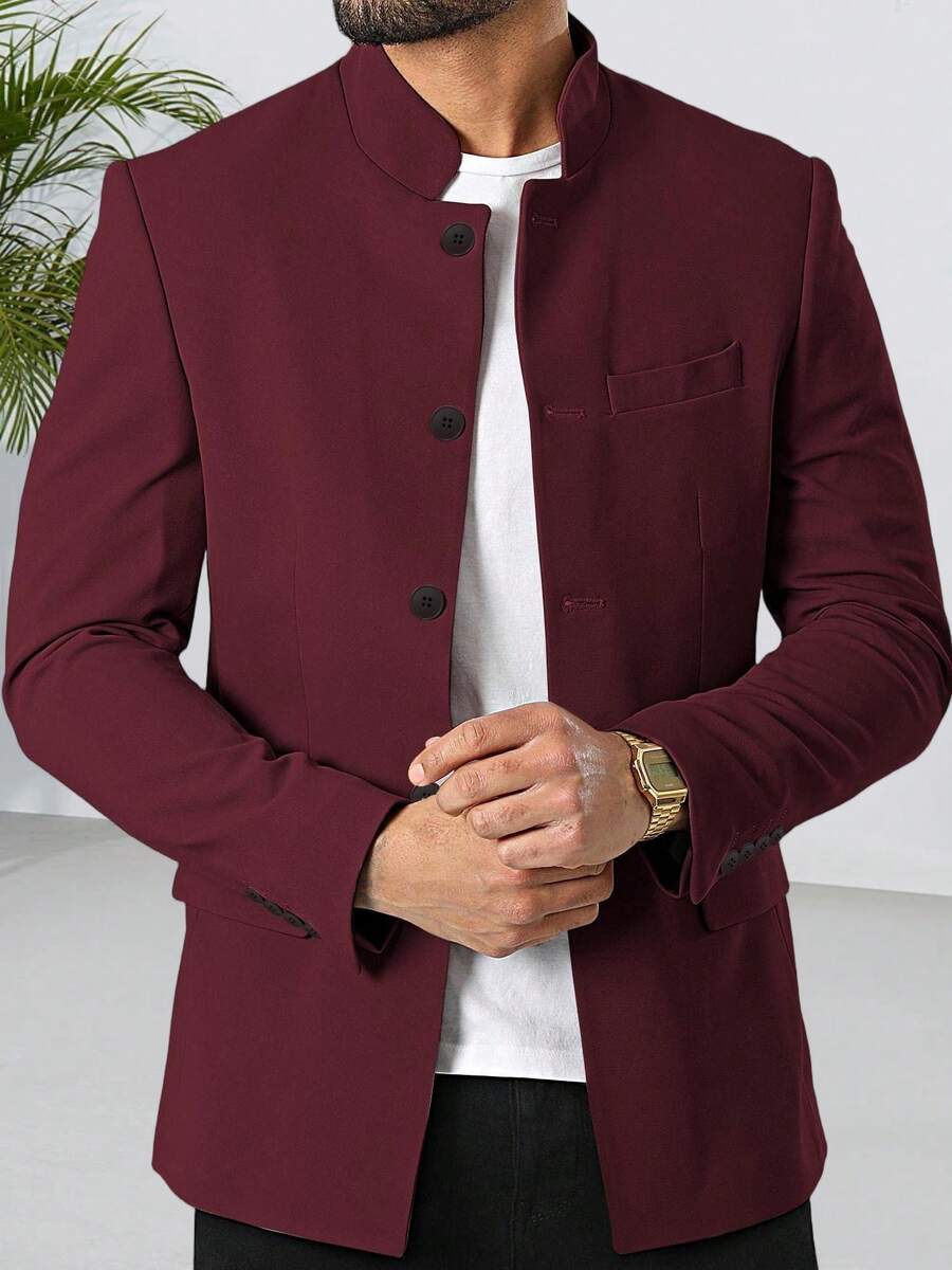 Mens Casual Suit Blazer Jackets Stand Mandarin Collar Lightweight Lined Business Dress Sport Coats - 酒紅色 - 查看 1