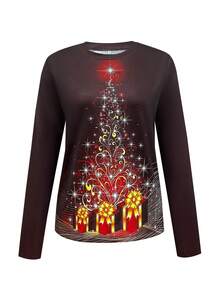 Camiseta casual de mujer con cuello redondo, manga larga, estampado de caja de regalo de Navidad con estrellas brillantes y rhinestones