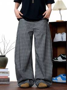 Black Plaid Baggy Casual Pants For Men, Retro American Style, Loose Fit, Versatile, Ankle Length