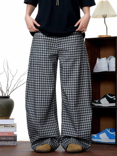 Black Plaid Baggy Casual Pants For Men, Retro American Style, Loose Fit, Versatile, Ankle Length