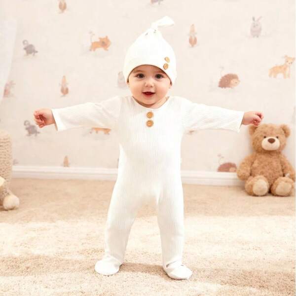 Conjunto de pelele para recién nacido, conjunto de ropa para estar en casa, traje de gateo para recién nacido, gorro protector, regalo de los 100 días del recién nacido, ropa de fotografía, ropa de bebé, regalo para baby shower, conjunto navideño para bebé, ropa de bebé unisex