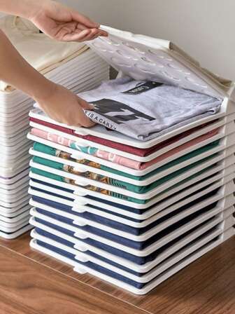 1/3/5/8/10/15pcs Stackable Plastic Clothing Storage Rack With Lid - Foldable, Space-Saving Shirt And Pants Organizer Rack, Convenient Design, Ideal For Home Closet Organization, Slouchy Person Creative Wardrobe Folding Shirt Anti-Wrinkle Portable Rack