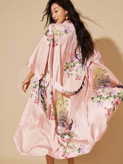 Stor storlek Vintage Bohemisk Påfågelmönstrad Lång Kimono Överdrag, Lös Passform Strandöverdrag För Sommar, Lämplig För Badkläder, Strandkläder