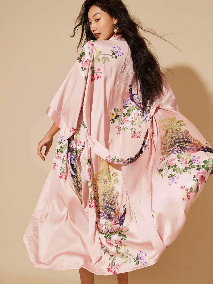 超大复古波西米亚孔雀印花长款和服罩衫，宽松版型，适合夏季沙滩穿着，可作泳装或沙滩装。 - 粉色 - 查看 1