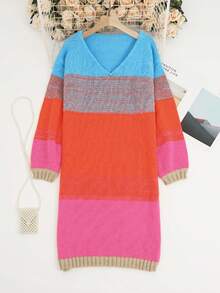 秋季女士休闲针织中长款毛衣连衣裙 - 撞色设计，宽松版型，秋冬校园风可爱上衣，复古街头风女装，教师装